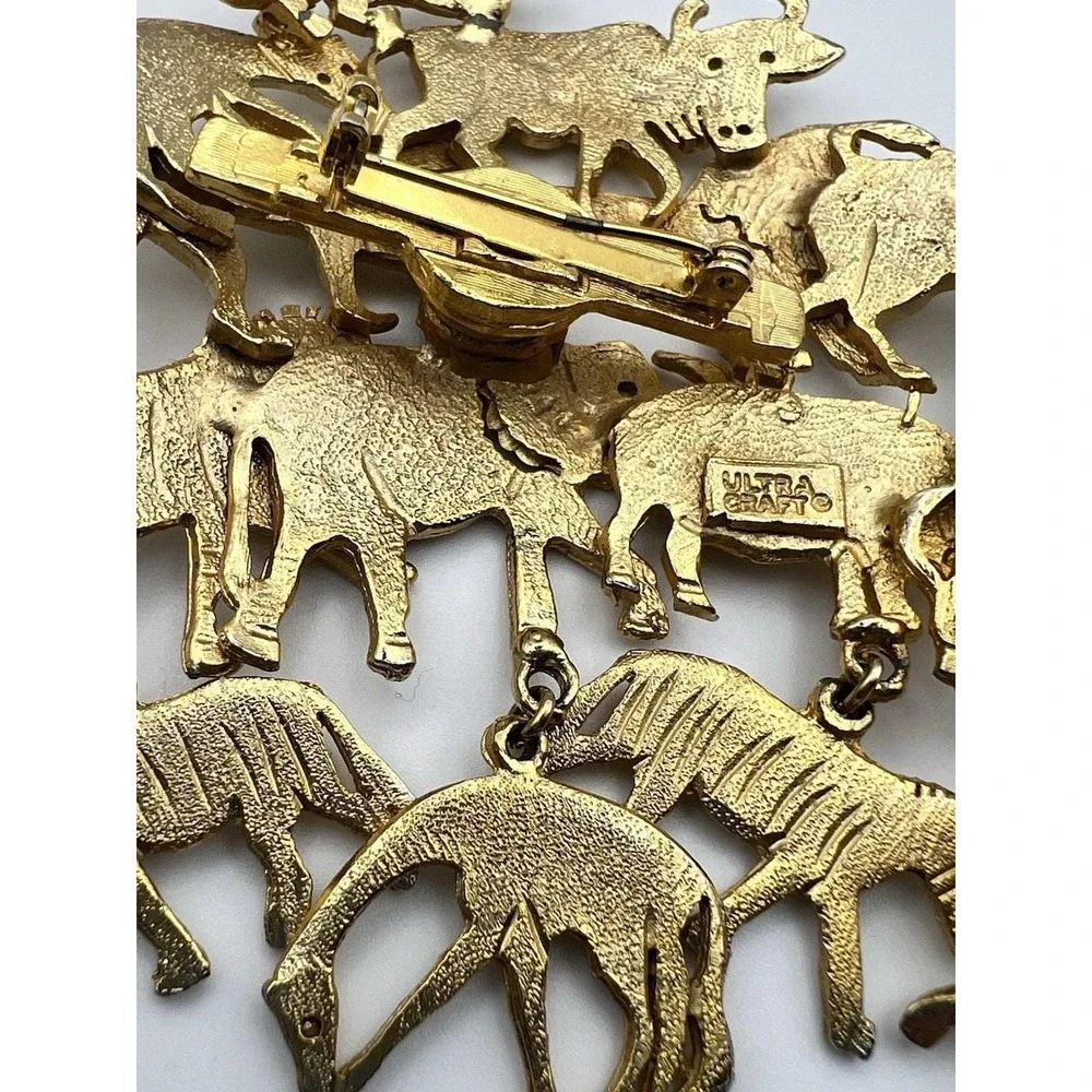 Ultra Craft Vintage Gold Safari Animal Dangle Brooch 3